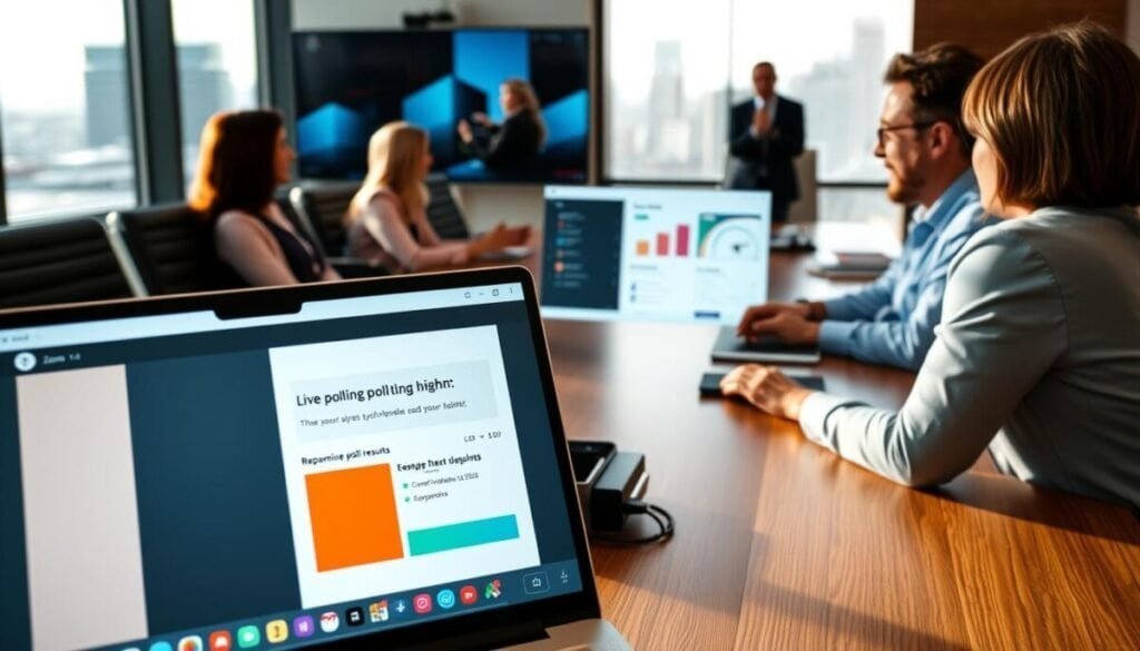 A modern Zoom meeting room indicating live polling in action. In the foreground, a laptop displaying a vibrant Zoom meeting interface with a colorful poll question visible, surrounded by professional business attire individuals engaged in discussion. In the middle, a large screen showing responsive poll results with engaging graphs and charts, adding dynamism to the environment. The background features a sleek conference room setting with a large window revealing a cityscape outside under natural daylight, enhancing an inviting atmosphere. Soft shadows emphasize the focus on collaboration and interactivity. The angle is slightly elevated to capture the energy of the room, ensuring a professional yet inviting mood conducive to effective team communication. A modern Zoom meeting room indicating live polling in action. In the foreground, a laptop displaying a vibrant Zoom meeting interface with a colorful poll question visible, surrounded by professional business attire individuals engaged in discussion. In the middle, a large screen showing responsive poll results with engaging graphs and charts, adding dynamism to the environment. The background features a sleek conference room setting with a large window revealing a cityscape outside under natural daylight, enhancing an inviting atmosphere. Soft shadows emphasize the focus on collaboration and interactivity. The angle is slightly elevated to capture the energy of the room, ensuring a professional yet inviting mood conducive to effective team communication.