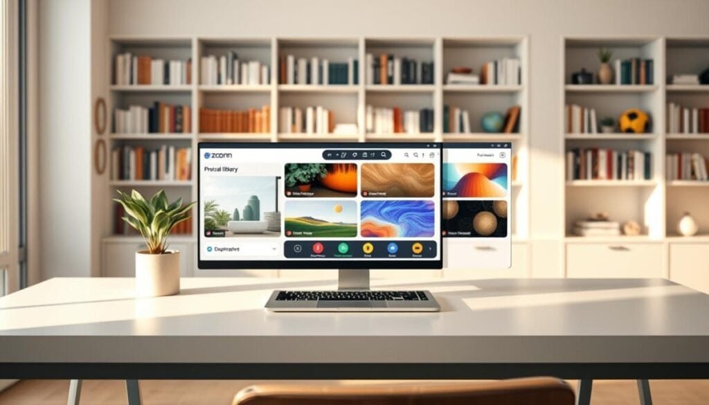 A modern Zoom meeting setup featuring a spacious, well-lit virtual workspace in the foreground. Include a sleek desk with a high-quality laptop, a potted plant, and a neutral-colored mug. In the middle, display a visually engaging digital library interface showcasing various professional Zoom backgrounds, such as a stylish home office, calming nature scenes, and vibrant abstract designs. In the background, incorporate a softly blurred view of a well-organized bookshelf filled with books and decorative items, adding depth to the scene. Use soft, natural lighting that gives a warm yet professional ambiance, enhancing the inviting mood. The focus should be on a seamless and organized digital workspace ideal for virtual meetings.
