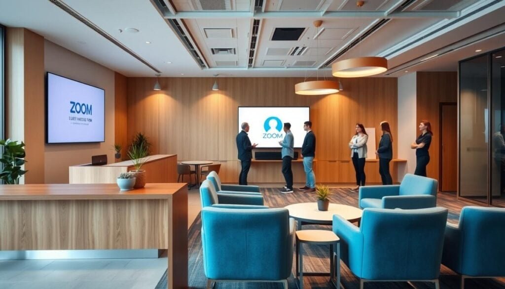 A modern Zoom waiting room setting designed for a professional meeting. In the foreground, showcase a stylish reception desk with a warm wooden finish, adorned with a small, fresh plant. The middle layer features comfortable seating with upholstered chairs in calming blue tones, arranged around a sleek coffee table. On the walls, there are large digital screens displaying personalized branding elements like logos and color schemes. The background includes soft, inviting lighting with pendant fixtures and large windows letting in natural daylight. The atmosphere is serene and welcoming, encouraging a positive participant experience. Depict business professionals in modest casual clothing, interacting with each other, exuding a sense of community and professionalism.