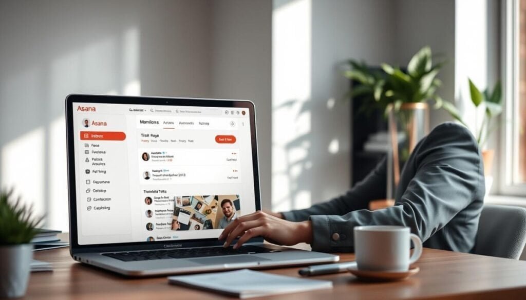 A modern and clean workspace featuring an open Asana inbox on a sleek laptop screen. In the foreground, a focused professional in business casual attire is interacting with their computer, surrounded by notes and a cup of coffee. The middle layer shows a visible display of the Asana interface, highlighting the inbox and filter options for mentions. Soft, natural lighting from a nearby window illuminates the scene, creating a productive and calm atmosphere. The background contains minimalistic decor, such as a potted plant and a bookshelf, suggesting an organized environment conducive to focus sessions. The overall mood is one of concentration and effective communication, capturing the essence of team collaboration and focus.