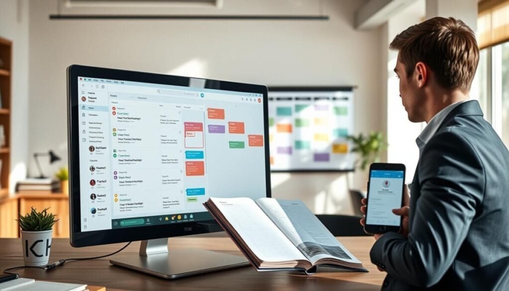 A modern and organized office space showcasing a digital task management interface on a sleek computer screen, with an open planner and a smartphone displaying notifications for focus times. In the foreground, a professional individual in business attire is actively engaged in organizing tasks, creating an atmosphere of productivity and focus. The middle layer captures a wall calendar filled with color-coded tasks and deadlines, symbolizing centralized task management. The background features a sunlit room with contemporary decor, giving a warm and inviting ambiance. Soft lighting casts gentle shadows, enhancing the focus on the task management tools. The overall mood is dynamic, efficient, and inspiring, ideal for productivity in a professional setting.