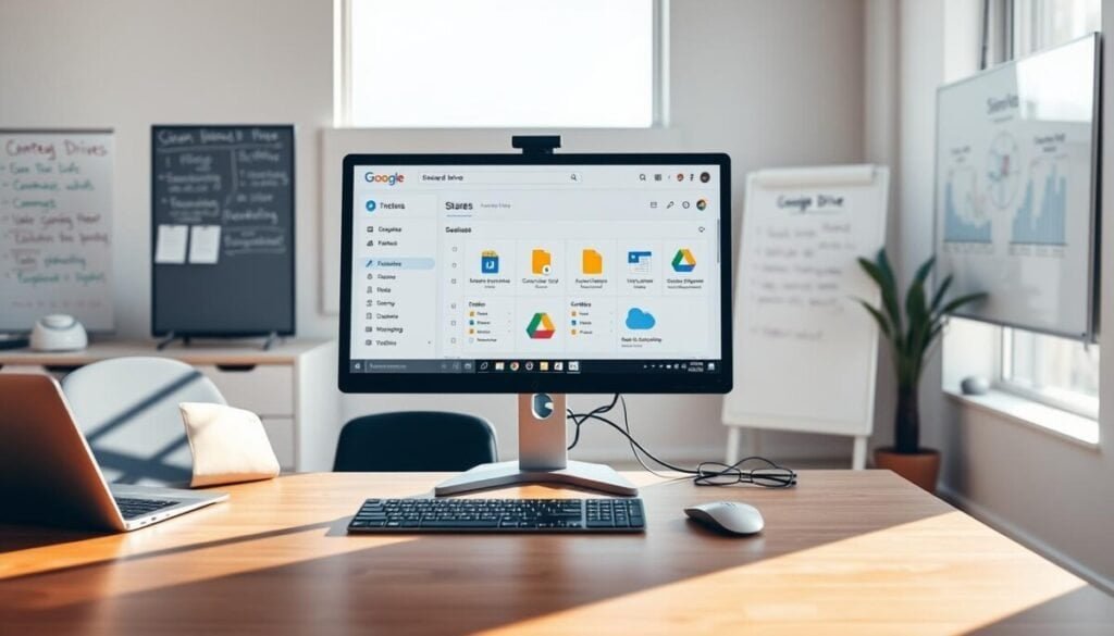 A modern and organized office workspace showcasing a technical setup for shared drives on Google Drive. In the foreground, a sleek computer desk is equipped with a high-resolution monitor displaying an open Google Drive interface with various folders and files labeled for collaboration. To the left, a stylish laptop complements the setup. The middle ground features a whiteboard filled with notes and diagrams about team productivity techniques. In the background, a large window lets in bright natural light, enhancing the atmosphere of productivity. The overall mood is focused and professional, reflecting a space designed for teamwork and organization. Soft shadows fall across the room, creating a warm and inviting vibe, shot from a slightly elevated angle to capture the entire workspace effectively.