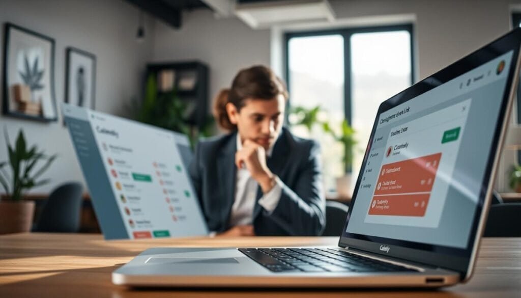 A modern and sleek office space is depicted as the setting for "configure event link" in a digital platform. In the foreground, a close-up of a laptop screen shows the Calendly dashboard, with vibrant buttons and dropdown menus highlighting the process of setting up secret events. The middle ground features a focused business professional, dressed in smart casual attire, contemplating the screen in thoughtful concentration. Soft natural light floods in from a nearby window, creating an inviting atmosphere that evokes productivity and innovation. The background consists of a blurred office environment, with minimalistic decor, plants, and bookshelves, enhancing the feeling of a professional workspace. The overall mood is one of clarity and focus, capturing the essence of configuring digital tools effectively. A modern and sleek office space is depicted as the setting for "configure event link" in a digital platform. In the foreground, a close-up of a laptop screen shows the Calendly dashboard, with vibrant buttons and dropdown menus highlighting the process of setting up secret events. The middle ground features a focused business professional, dressed in smart casual attire, contemplating the screen in thoughtful concentration. Soft natural light floods in from a nearby window, creating an inviting atmosphere that evokes productivity and innovation. The background consists of a blurred office environment, with minimalistic decor, plants, and bookshelves, enhancing the feeling of a professional workspace. The overall mood is one of clarity and focus, capturing the essence of configuring digital tools effectively.