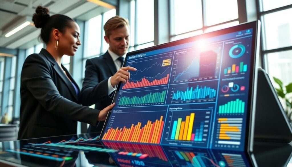A modern business intelligence platform interface displayed on a sleek, futuristic digital dashboard. In the foreground, focus on vibrant, dynamic charts and graphs showcasing real-time data analytics, with indicators highlighting key insights. In the middle ground, a diverse group of three professionals dressed in smart business attire, intensely discussing the data while pointing at the screen. In the background, a high-tech office environment with large windows allowing natural light to flood in, creating an optimistic and collaborative atmosphere. Soft yet bright lighting emphasizes the clarity of the data displayed. The angle is slightly elevated, capturing both the professionals and the dashboard in an engaging composition that conveys innovation and teamwork in data analysis. A modern business intelligence platform interface displayed on a sleek, futuristic digital dashboard. In the foreground, focus on vibrant, dynamic charts and graphs showcasing real-time data analytics, with indicators highlighting key insights. In the middle ground, a diverse group of three professionals dressed in smart business attire, intensely discussing the data while pointing at the screen. In the background, a high-tech office environment with large windows allowing natural light to flood in, creating an optimistic and collaborative atmosphere. Soft yet bright lighting emphasizes the clarity of the data displayed. The angle is slightly elevated, capturing both the professionals and the dashboard in an engaging composition that conveys innovation and teamwork in data analysis.