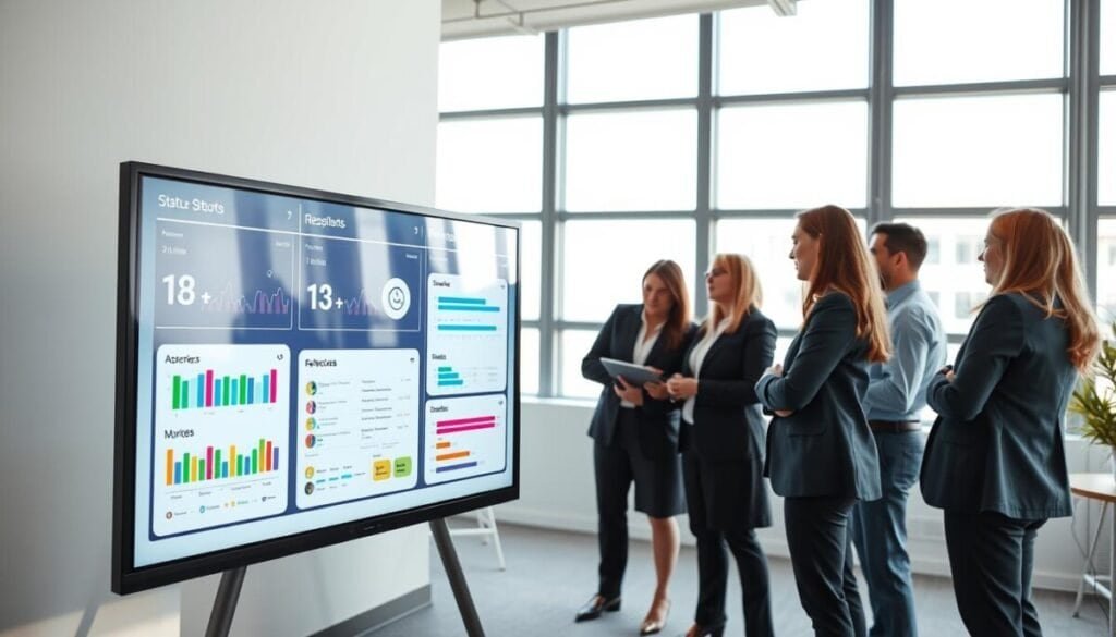 A modern, collaborative whiteboard setup in a bright, airy office environment. In the foreground, a sleek digital board displays vibrant status reports with color-coded indicators, showcasing team progress and transparency. In the middle, a diverse group of professionals in smart casual attire is gathered around the whiteboard, engaged and discussing the information. The background features large windows allowing natural light to illuminate the space, enhancing a productive atmosphere. Soft, diffused lighting casts gentle shadows, creating a warm and inviting mood. The image is captured from a slight high angle, emphasizing teamwork and collaboration, while maintaining focus on the board and status reports without any text overlays or distractions.