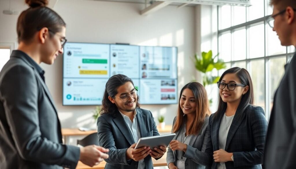 A modern, collaborative workspace with diverse team members communicating effectively. In the foreground, a group of three professionals (a Caucasian woman, a Hispanic man, and an Asian woman) in business attire are engaged in a heated discussion around a digital tablet, showcasing project updates. The middle ground features a large wall-mounted screen displaying various communication tools, like messaging apps and project timelines, symbolizing integration and visibility. The background shows a bright, open office space with large windows and greenery, creating a positive and energetic atmosphere. Soft, natural lighting floods the room from the windows, casting gentle shadows, while a wide-angle view captures the whole scene, emphasizing teamwork and collaboration. A modern, collaborative workspace with diverse team members communicating effectively. In the foreground, a group of three professionals (a Caucasian woman, a Hispanic man, and an Asian woman) in business attire are engaged in a heated discussion around a digital tablet, showcasing project updates. The middle ground features a large wall-mounted screen displaying various communication tools, like messaging apps and project timelines, symbolizing integration and visibility. The background shows a bright, open office space with large windows and greenery, creating a positive and energetic atmosphere. Soft, natural lighting floods the room from the windows, casting gentle shadows, while a wide-angle view captures the whole scene, emphasizing teamwork and collaboration.