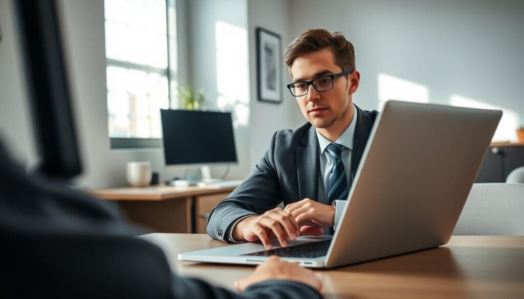 A modern computer desk setup featuring a sleek laptop displaying a Google Meet interface with live captions enabled. In the foreground, a person in professional business attire is seated at the desk, intently focused on the screen, with a thoughtful expression. The middle of the scene highlights the laptop's screen, clearly showcasing the Google Meet window with vibrant, legible captions appearing. The background includes a softly lit office environment with minimal decor, creating a calm and productive atmosphere. Natural daylight filters through a nearby window, casting gentle shadows, while the camera angle is slightly above eye level, emphasizing the laptop and the user's engagement with the technology. The overall mood is focused and determined, reflecting a professional workspace.