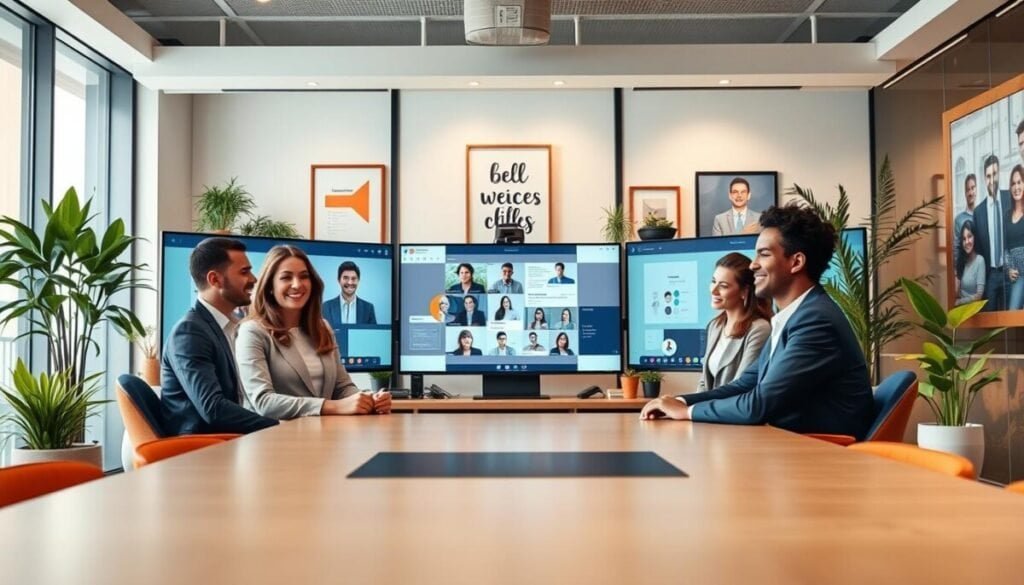 A modern conference room featuring a virtual meeting in Microsoft Teams' Together Mode. In the foreground, a diverse group of five professionals, dressed in business attire, appear engaged and focused, their avatars sitting together in a virtual space. In the middle, realistic digital screens show engaging meeting elements, like shared presentations and interactive polls. In the background, bright office decor, including plants and motivational artwork, creates an inviting atmosphere, emphasizing collaboration. Soft, natural lighting filters through large windows, illuminating the scene, while a wide-angle perspective captures the essence of teamwork. The mood is energetic and productive, showcasing best practices for maximizing meeting engagement in a digital workspace. A modern conference room featuring a virtual meeting in Microsoft Teams' Together Mode. In the foreground, a diverse group of five professionals, dressed in business attire, appear engaged and focused, their avatars sitting together in a virtual space. In the middle, realistic digital screens show engaging meeting elements, like shared presentations and interactive polls. In the background, bright office decor, including plants and motivational artwork, creates an inviting atmosphere, emphasizing collaboration. Soft, natural lighting filters through large windows, illuminating the scene, while a wide-angle perspective captures the essence of teamwork. The mood is energetic and productive, showcasing best practices for maximizing meeting engagement in a digital workspace.
