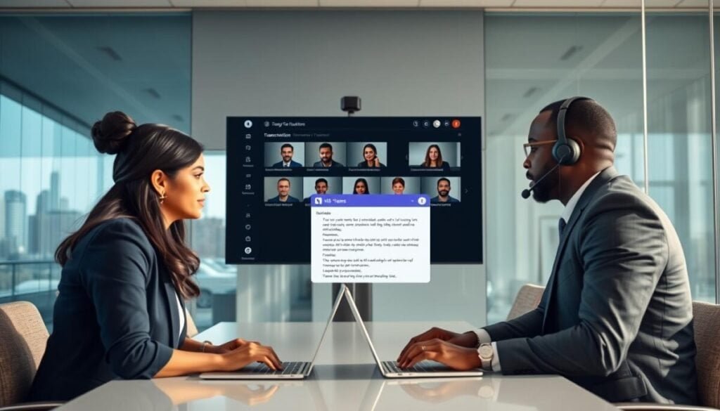A modern conference room scene featuring a diverse transcription team actively engaging with a Microsoft Teams meeting. In the foreground, a professional woman of South Asian descent types on her laptop, while a Black man in a suit speaks into a headset, actively participating in the meeting. A digital transcription window hovers on the screen, capturing their spoken words in real-time. In the middle ground, a large monitor displays the MS Teams interface, showing participants and live transcript text. Soft, natural lighting fills the room, creating an inviting atmosphere. In the background, glass walls reveal a city skyline outside, adding a professional touch. The overall mood is focused and collaborative, highlighting the importance of accessibility and communication in business meetings.