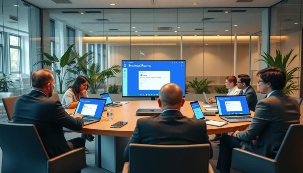 A modern conference room with a large round table set up for a virtual meeting, featuring several laptops displaying Microsoft Teams interfaces. In the foreground, a diverse group of four professionals in smart business attire focuses on configuring breakout rooms on their screens, discussing details and strategies. The middle ground shows a large display screen showcasing the Teams application with a 'Breakout Rooms' menu open, surrounded by office supplies and notepads. The background features glass walls, plants, and ambient lighting, creating a bright and collaborative atmosphere. The image should have a clean, professional feel with soft, natural light coming from windows, capturing the essence of teamwork and productivity in a contemporary workspace.