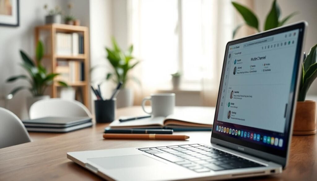 A modern desktop workspace featuring a computer screen displaying the Slack application, with a focus on a muted channel interface. In the foreground, a sleek laptop with an open Slack window, showing a grayed-out channel label signifying it is muted. In the middle ground, an organized desk with office supplies like a notebook, pens, and a coffee mug, creating a relaxing, professional atmosphere. The background features a softly blurred bookshelf and calming indoor plants, enhancing the workspace vibe. Gentle natural light filters in from a nearby window, casting subtle shadows and highlighting the tools of productivity. The overall mood is focused and serene, perfect for working efficiently without distractions.