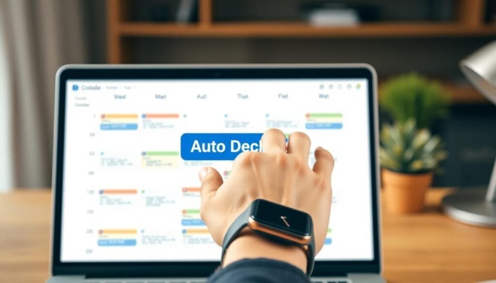 A modern digital calendar interface displayed prominently in the foreground, showcasing an organized layout of dates with color-coded appointments. The middle layer features a gentle hand wearing a smartwatch, tapping on a virtual button labeled “Auto Decline,” symbolizing the action of decluttering schedules in Outlook. The background includes a workspace with a sleek laptop and a tidy desk, accentuated by soft, warm lighting that creates a welcoming atmosphere. The lens captures a slight depth of field, focusing on the calendar and the hand, while blurring out the background details softly. The mood is professional yet approachable, reflecting efficiency and modernity in managing meetings.