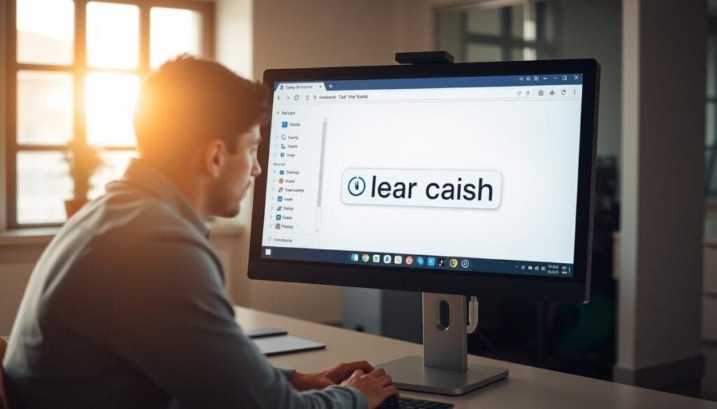 A modern digital workspace featuring a sleek computer monitor displaying a "clear cache" button prominently on the screen. In the foreground, a professional in casual business attire, focused on the screen, with a thoughtful expression, is interacting with the interface using a mouse. The middle layer showcases the bright, clean desktop, complete with a few open browser tabs showing security and extension icons. The background features a well-lit office environment, with warm, natural sunlight streaming through a window, creating a productive and serene atmosphere. Use a shallow depth of field to emphasize the computer screen, while softly blurring the background. The overall mood conveys a sense of clarity and focus on resolving digital issues effectively.