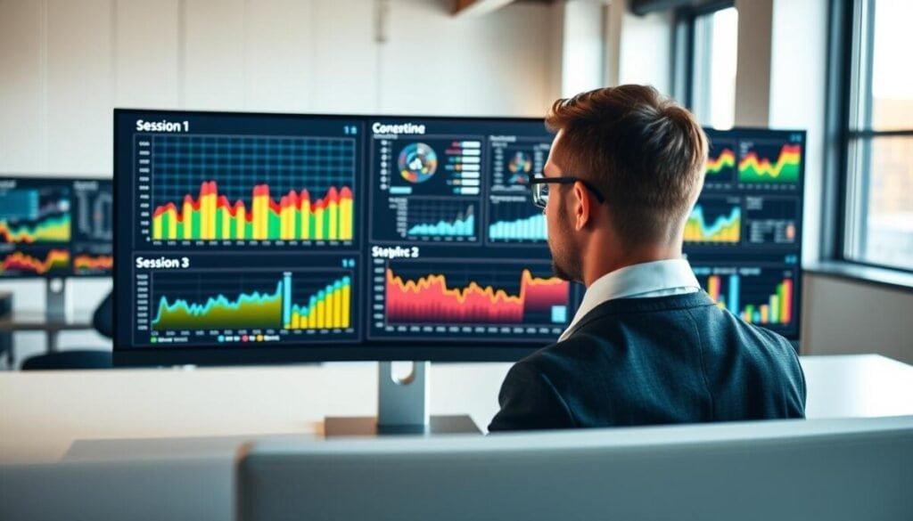 A modern digital workspace featuring a sleek computer screen displaying colorful graphs and session recordings overlaid on a vibrant dashboard. In the foreground, a professional-looking person in business attire is intently analyzing the data. The middle ground features other screens showing real-time data insights with charts and analytics visuals, creating a sense of urgency. The background displays a minimalistic office environment with soft, diffused lighting and a large window letting in natural light, casting a warm glow over the scene. The atmosphere is focused and dynamic, conveying the excitement of tracking visitor interactions and understanding user behavior. The composition captures the essence of modern analytics tools.