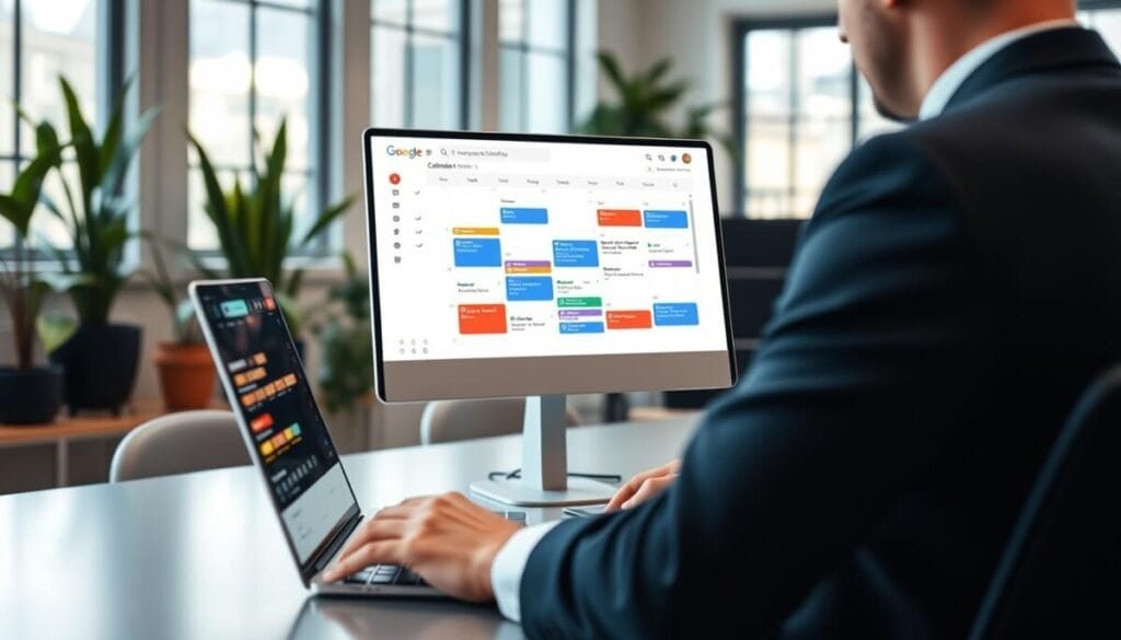 A modern digital workspace featuring a well-organized Google Calendar interface on a sleek laptop screen. In the foreground, a professional individual dressed in business attire is seated at a stylish desk, actively engaged in arranging calendar events. The middle layer consists of a detailed view of the Google Calendar, displaying color-coded events and a clear layout, suggesting productivity and organization. The background reveals a serene office environment with houseplants and natural light filtering through a large window, creating a warm and inviting atmosphere. Soft lighting enhances the focus on the laptop screen, while a shallow depth of field brings attention to the details of the calendar. The overall mood conveys efficiency and professionalism, ideal for a tech-savvy workplace. A modern digital workspace featuring a well-organized Google Calendar interface on a sleek laptop screen. In the foreground, a professional individual dressed in business attire is seated at a stylish desk, actively engaged in arranging calendar events. The middle layer consists of a detailed view of the Google Calendar, displaying color-coded events and a clear layout, suggesting productivity and organization. The background reveals a serene office environment with houseplants and natural light filtering through a large window, creating a warm and inviting atmosphere. Soft lighting enhances the focus on the laptop screen, while a shallow depth of field brings attention to the details of the calendar. The overall mood conveys efficiency and professionalism, ideal for a tech-savvy workplace.