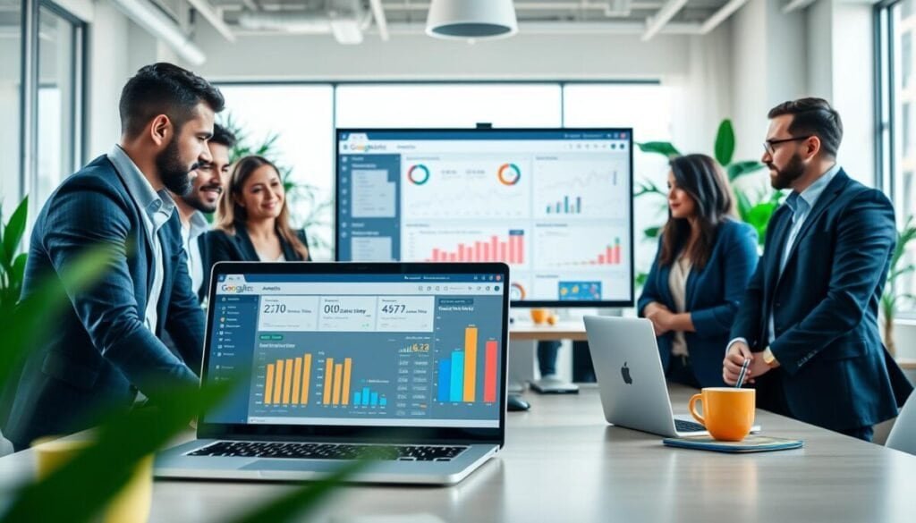 A modern digital workspace illustrating the implementation of Google Analytics 4 via CMS plugins. In the foreground, a diverse group of professionals, dressed in business casual attire, collaborates around a sleek laptop displaying the Google Analytics dashboard with vibrant graphs and metrics. In the middle, a large monitor showcases analytics data related to website tracking, surrounded by notes and charts about CMS plugins. The background features a bright, airy office environment with plants and modern decor, creating an inviting atmosphere. Soft, diffused lighting emphasizes a productive mood, while a shallow depth of field draws attention to the team’s engagement with the analytics tools. The composition is dynamic, reflecting a tech-savvy, data-driven approach to website management.