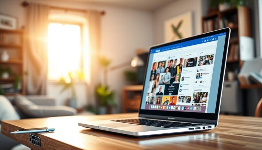 A modern digital workspace showcasing a vibrant Facebook posts feed on a computer screen. In the foreground, a sleek laptop sits on a stylish wooden desk, displaying a busy social media interface filled with colorful image thumbnails and various friend posts. The middle layer reveals a cozy home environment, decorated with plants and warm, natural light streaming through a window. The background captures a subtle hint of bookshelves and personal items, reinforcing a comfortable yet professional atmosphere. The scene is infused with an engaging, optimistic mood, indicating excitement about reconnecting with friends. Shot from a slight angle to highlight the screen while maintaining a sense of depth in the setting.