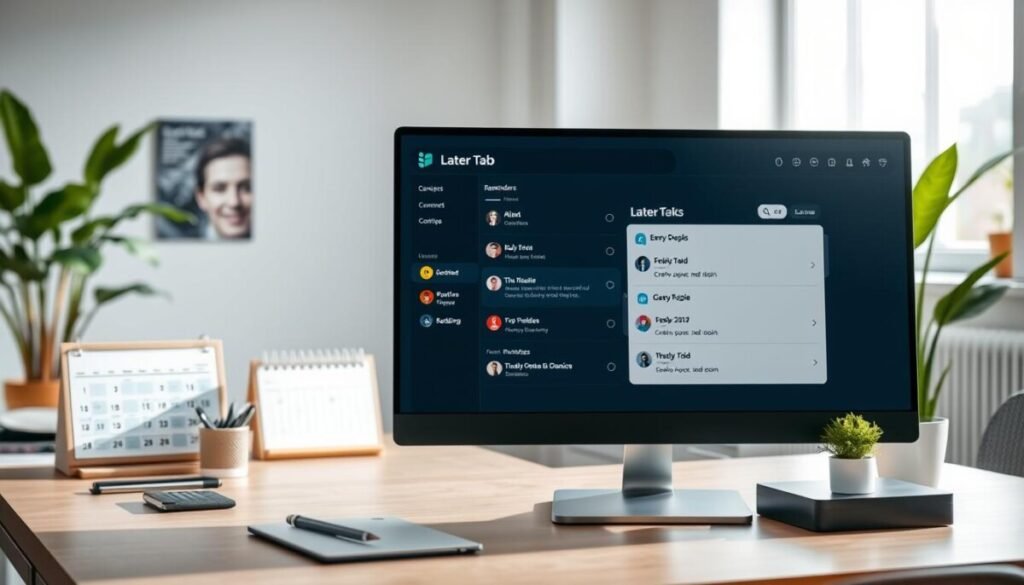 A modern digital workspace showcasing the "Later Tab" in Slack on a sleek computer monitor. In the foreground, an organized, user-friendly interface displays scheduled reminders and tasks, with colorful icons representing different channels and reminders. The middle ground features a stylish office desk with business stationery and a minimalistic calendar, creating an atmosphere of productivity. The background captures a well-lit office space with potted plants and natural light streaming through a window, enhancing the feeling of a vibrant work environment. Use soft, diffused lighting to create a calm and focused ambiance. The perspective should be slightly angled from above to provide a clear view of the monitor and desk, conveying an organized, efficient workspace. A modern digital workspace showcasing the "Later Tab" in Slack on a sleek computer monitor. In the foreground, an organized, user-friendly interface displays scheduled reminders and tasks, with colorful icons representing different channels and reminders. The middle ground features a stylish office desk with business stationery and a minimalistic calendar, creating an atmosphere of productivity. The background captures a well-lit office space with potted plants and natural light streaming through a window, enhancing the feeling of a vibrant work environment. Use soft, diffused lighting to create a calm and focused ambiance. The perspective should be slightly angled from above to provide a clear view of the monitor and desk, conveying an organized, efficient workspace.