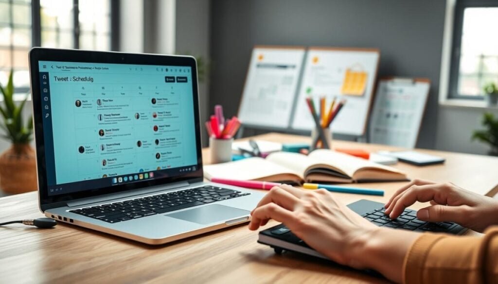 A modern digital workspace showcasing the advanced features of a tweet scheduling application. In the foreground, a sleek laptop displays a clean interface with various scheduled tweets organized in a calendar format. To the right, a hand is poised over a wireless keyboard, highlighting a user actively engaging with the software. In the middle, a vibrant desk cluttered with business planning tools, colorful markers, and an open notebook, indicative of a creative professional's environment. The background features a large window letting in natural light, creating a bright, focused ambiance. The scene conveys a sense of productivity and technological sophistication, with a soft depth of field effect, ensuring the laptop interface remains the focal point while the workspace blurs gently around it.