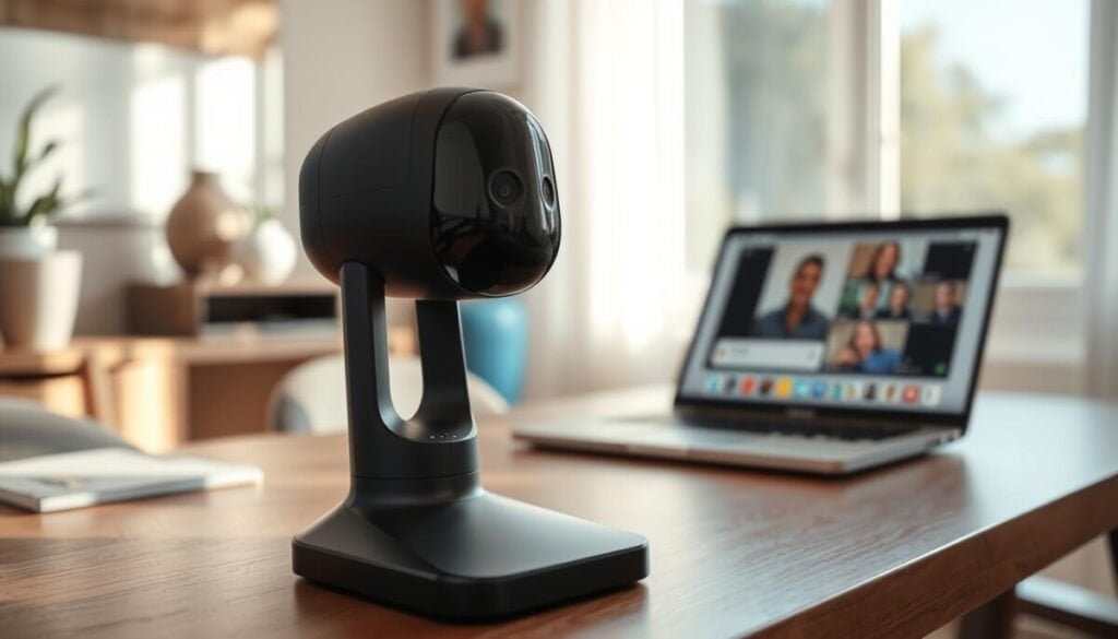 A modern gesture detection camera displayed prominently in the foreground, featuring sleek design elements and a high-tech appearance. The camera is positioned on a stylish desk in a well-lit home office environment, with soft natural light streaming through a nearby window, casting gentle shadows. In the background, a blurred view of a laptop on the desk shows a Google Meet interface, emphasizing the connection to virtual meetings. The atmosphere is professional and inviting, conveying a sense of digital connectivity and innovative technology. The image should not include any text or representations of specific individuals, focusing solely on the gesture detection camera within its workspace context to illustrate its usability for hands-free video participation. A modern gesture detection camera displayed prominently in the foreground, featuring sleek design elements and a high-tech appearance. The camera is positioned on a stylish desk in a well-lit home office environment, with soft natural light streaming through a nearby window, casting gentle shadows. In the background, a blurred view of a laptop on the desk shows a Google Meet interface, emphasizing the connection to virtual meetings. The atmosphere is professional and inviting, conveying a sense of digital connectivity and innovative technology. The image should not include any text or representations of specific individuals, focusing solely on the gesture detection camera within its workspace context to illustrate its usability for hands-free video participation.
