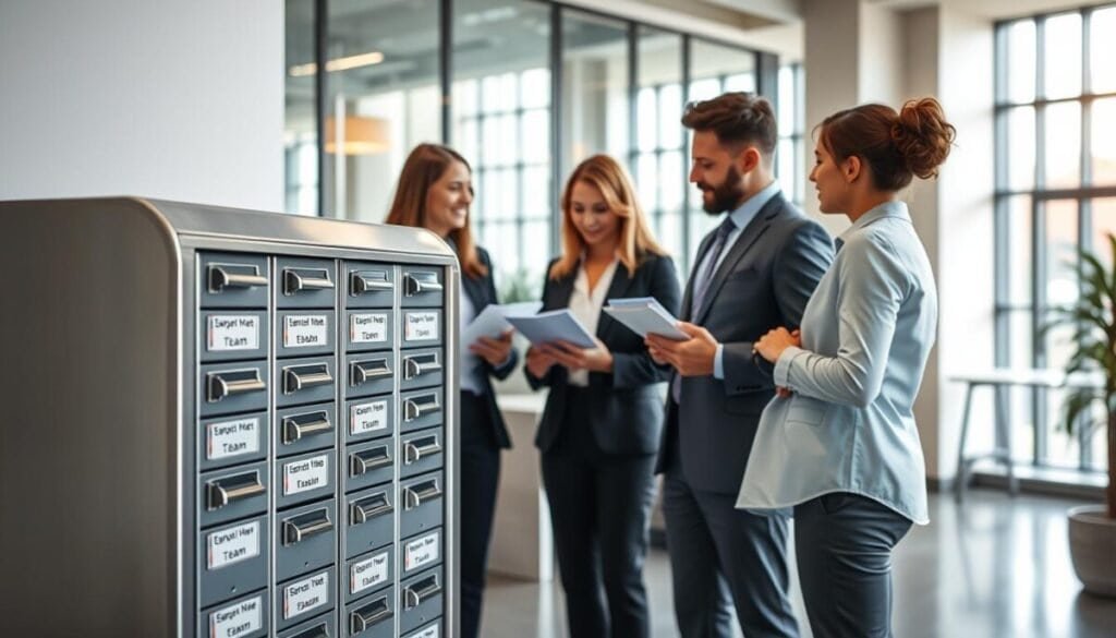A modern group mailbox in a professional office setting, prominently displayed in the foreground. The mailbox is sleek and metallic, with multiple compartments labeled for different teams and departments. In the middle ground, a diverse group of professionals in business attire discusses organized documents and notifications, reflecting an atmosphere of collaboration and efficiency. The background reveals a well-lit office environment with large windows, allowing natural light to flood the room, enhancing the sense of focus and productivity. The overall mood is positive and engaging, symbolizing teamwork and effective communication. Use a slightly tilted angle to capture both the mailbox and the engaged professionals, with soft shadows to add depth. A modern group mailbox in a professional office setting, prominently displayed in the foreground. The mailbox is sleek and metallic, with multiple compartments labeled for different teams and departments. In the middle ground, a diverse group of professionals in business attire discusses organized documents and notifications, reflecting an atmosphere of collaboration and efficiency. The background reveals a well-lit office environment with large windows, allowing natural light to flood the room, enhancing the sense of focus and productivity. The overall mood is positive and engaging, symbolizing teamwork and effective communication. Use a slightly tilted angle to capture both the mailbox and the engaged professionals, with soft shadows to add depth.