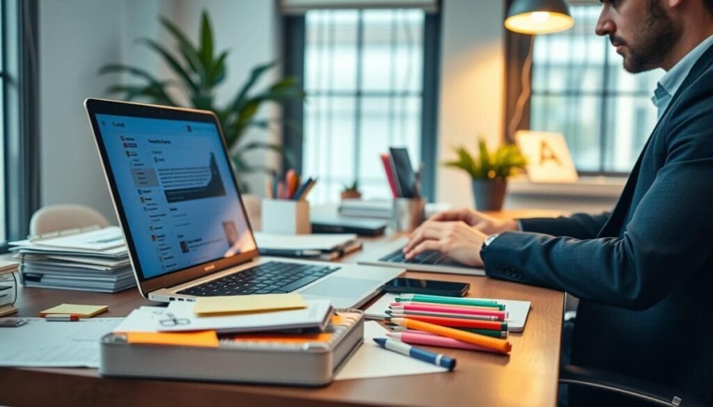 A modern home office environment with a sleek desk cluttered with neatly organized email-related materials. In the foreground, an open laptop displays a vibrant Gmail interface, showcasing colorful labels and filters. The middle ground features a stylish organizer filled with labeled folders, sticky notes, and colorful markers. The background highlights a window with soft daylight streaming in, illuminating the workspace, and a potted plant adds a touch of greenery. A professional individual in smart casual attire types on the laptop, embodying a sense of productivity and focus. The overall mood is one of calm efficiency, with a balanced color palette, emphasizing organization and clarity. The lighting is warm and inviting, enhancing the professional atmosphere without any distractions. A modern home office environment with a sleek desk cluttered with neatly organized email-related materials. In the foreground, an open laptop displays a vibrant Gmail interface, showcasing colorful labels and filters. The middle ground features a stylish organizer filled with labeled folders, sticky notes, and colorful markers. The background highlights a window with soft daylight streaming in, illuminating the workspace, and a potted plant adds a touch of greenery. A professional individual in smart casual attire types on the laptop, embodying a sense of productivity and focus. The overall mood is one of calm efficiency, with a balanced color palette, emphasizing organization and clarity. The lighting is warm and inviting, enhancing the professional atmosphere without any distractions.