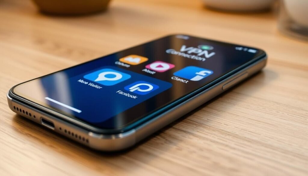 A modern iPhone screen displaying the VPN app alongside the Facebook app interface, showcasing vibrant app icons that highlight connectivity and social sharing. In the foreground, a slightly angled view of the iPhone resting on a wooden surface, with soft, warm lighting reflecting off its sleek design. The middle layer features the screen with visible app icons, emphasizing an active VPN connection and the Facebook app open, suggesting a focus on resolving digital connectivity issues. The background is softly blurred, hinting at a cozy indoor workspace with neutral colors. The mood is organized and tech-savvy, inviting users to feel empowered in troubleshooting their issues. A modern iPhone screen displaying the VPN app alongside the Facebook app interface, showcasing vibrant app icons that highlight connectivity and social sharing. In the foreground, a slightly angled view of the iPhone resting on a wooden surface, with soft, warm lighting reflecting off its sleek design. The middle layer features the screen with visible app icons, emphasizing an active VPN connection and the Facebook app open, suggesting a focus on resolving digital connectivity issues. The background is softly blurred, hinting at a cozy indoor workspace with neutral colors. The mood is organized and tech-savvy, inviting users to feel empowered in troubleshooting their issues.