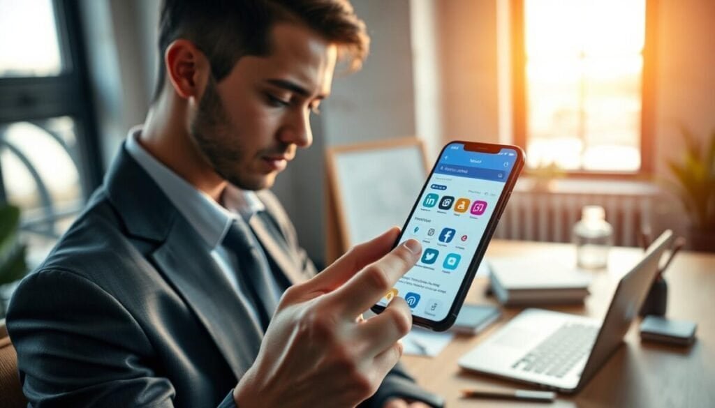 A modern mobile app interface displayed on a smartphone, showcasing vibrant icons and features tailored for social media scheduling. In the foreground, a user with a focused expression browses the app, dressed in professional business attire. The middle ground features a soft blur of a stylish workspace, including a laptop, notebooks, and creative tools, highlighting a productive atmosphere. The background displays a large window with warm sunlight streaming in, illuminating the space and creating a bright, inspiring mood. The image is captured at eye level, with a shallow depth of field to emphasize the app's functionality while maintaining a clean, professional aesthetic.