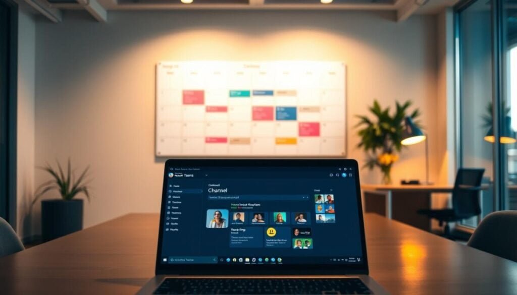 A modern office background features a sleek desk with a laptop displaying the Microsoft Teams interface. In the foreground, a visual representation of a "channel" appears, depicted as vibrant icons or tabs symbolizing different discussion topics, with subtle animations to suggest activity. A clear and organized calendar on the wall suggests scheduling, showcasing various meetings highlighted in bright colors. The lighting is warm and inviting, creating a professional atmosphere, while soft natural light filters through the windows. The angle is slightly overhead, providing a comprehensive view of the workspace. The mood conveys productivity and collaboration, appealing to professionals engaging in teamwork and meeting organization. No people are present, ensuring focus on the tools and environment. A modern office background features a sleek desk with a laptop displaying the Microsoft Teams interface. In the foreground, a visual representation of a "channel" appears, depicted as vibrant icons or tabs symbolizing different discussion topics, with subtle animations to suggest activity. A clear and organized calendar on the wall suggests scheduling, showcasing various meetings highlighted in bright colors. The lighting is warm and inviting, creating a professional atmosphere, while soft natural light filters through the windows. The angle is slightly overhead, providing a comprehensive view of the workspace. The mood conveys productivity and collaboration, appealing to professionals engaging in teamwork and meeting organization. No people are present, ensuring focus on the tools and environment.