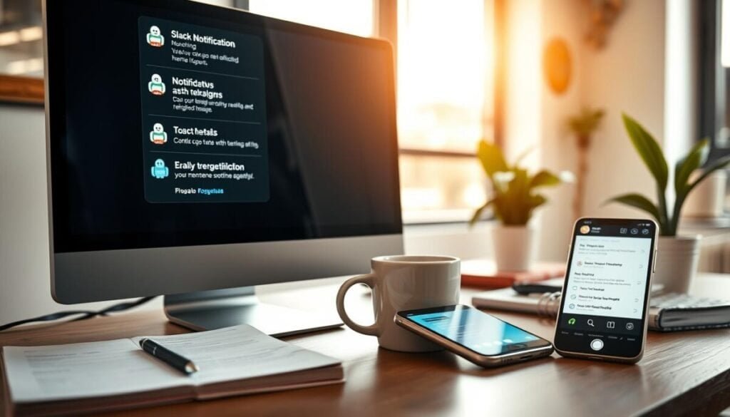 A modern office desk setting featuring a computer screen displaying various Slack notification icons, including message alerts and reminders. In the foreground, a neatly arranged workspace includes a to-do list, a stylish coffee mug, and a smartphone showing a Slack app interface. The middle layer captures a close-up of the screen with bright notifications illuminated against a soft-focus background of a well-lit office environment. Natural light floods in from a nearby window, casting a warm and inviting ambiance. Include professional business elements like a planner and a potted plant to enhance the work atmosphere. The overall mood is focused and organized, reflecting a balance between work needs and personal time.