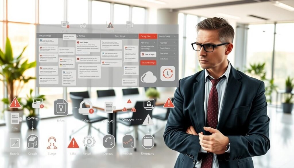 A modern office environment depicting common pitfalls of cloud storage setup. In the foreground, a concerned business professional, dressed in smart casual attire, evaluates a cluttered digital dashboard filled with error messages and inadequate data organization. In the middle ground, an array of virtual storage icons, like broken links and warning signs, representing common issues such as security breaches and data loss. The background shows a large window with soft, natural light spilling in, illuminating a sleek office layout with plants and a conference table. The atmosphere is tense but focused, highlighting the importance of avoiding these pitfalls in a cloud storage setup. High-resolution, wide-angle perspective, with a soft focus on the background for depth.