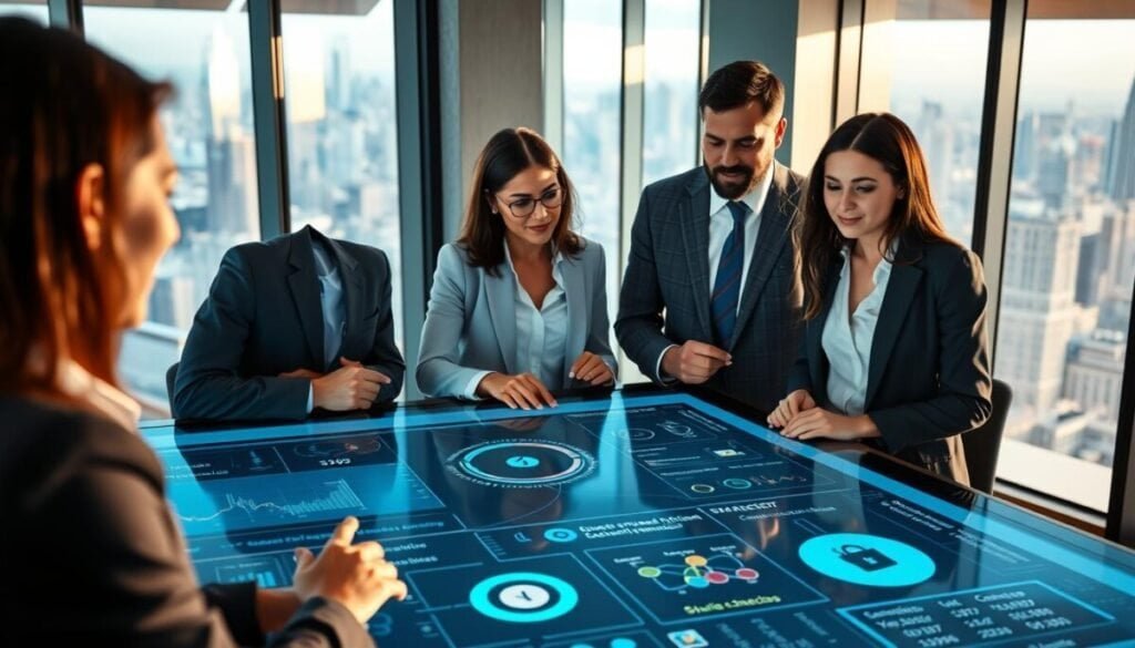 A modern office environment featuring a diverse group of three professionals, dressed in smart business attire, engaged in a collaborative discussion around a large, high-tech touchscreen table displaying dynamic data visualizations related to Slack Connect channels. In the foreground, their focused expressions reflect the importance of maintaining security and data control. The middle ground showcases the interactive digital interface, highlighting secure connections and data monitoring metrics. The background includes glass walls with a city skyline visible, emphasizing a professional atmosphere filled with natural light. The scene is captured from a slightly elevated angle, illuminating the seriousness of the topic while maintaining a productive and positive mood. A modern office environment featuring a diverse group of three professionals, dressed in smart business attire, engaged in a collaborative discussion around a large, high-tech touchscreen table displaying dynamic data visualizations related to Slack Connect channels. In the foreground, their focused expressions reflect the importance of maintaining security and data control. The middle ground showcases the interactive digital interface, highlighting secure connections and data monitoring metrics. The background includes glass walls with a city skyline visible, emphasizing a professional atmosphere filled with natural light. The scene is captured from a slightly elevated angle, illuminating the seriousness of the topic while maintaining a productive and positive mood.
