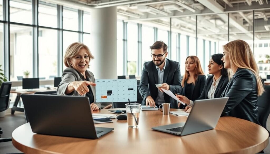 A modern office environment featuring a round table bustling with a diverse group of business professionals engaged in a dynamic discussion. In the foreground, a middle-aged woman in professional attire enthusiastically points to a digital calendar displayed on a laptop, exemplifying advanced scheduling options. In the middle, a young man with glasses takes notes, while others in sleek business attire share ideas, emphasizing collaboration. The background showcases a well-lit office with large windows allowing natural daylight to flood the space, creating an open and inviting atmosphere. Soft shadows enhance the depth, and a slight tilt angle adds a dynamic perspective, capturing the essence of teamwork and efficient meeting planning among sales teams.