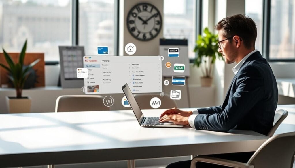 A modern office environment featuring a sleek desk with a laptop open to a payment processing interface. In the foreground, a professional individual in business attire is focused on the screen, analyzing payment integration options. The middle layer showcases various payment icons (credit cards, digital wallets) artistically arranged around the laptop, symbolizing integration. The background includes a large window with natural daylight streaming in, casting soft shadows and creating an inviting atmosphere. A wall clock and calendar are subtly in view, representing the booking windows, while a plant adds a touch of freshness. The overall mood is professional yet approachable, emphasizing efficiency and modernity in payment systems.