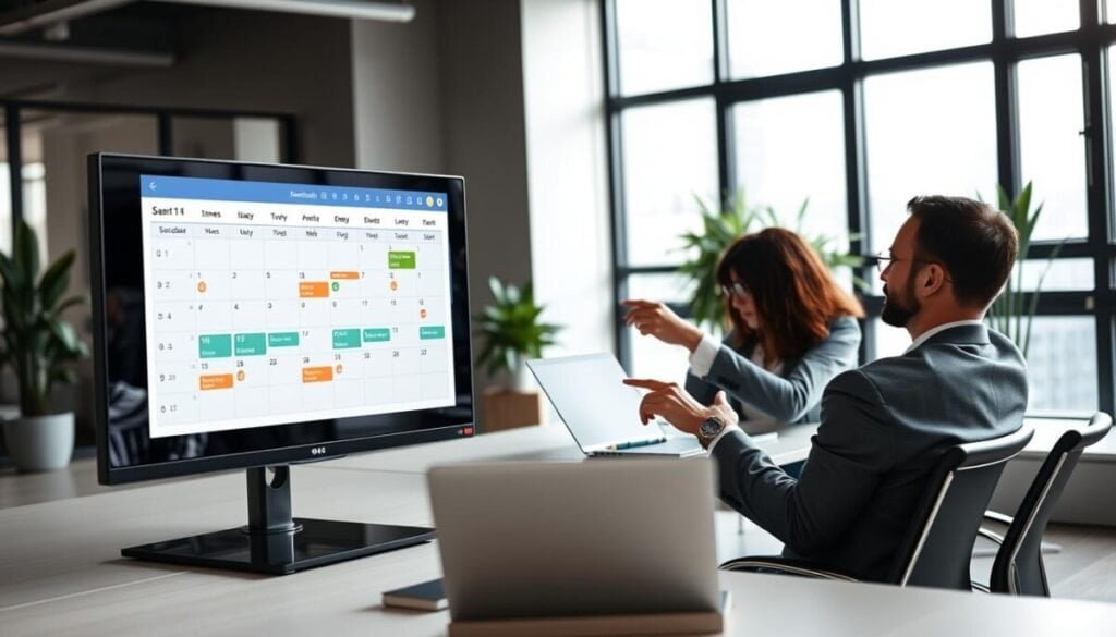 A modern office environment featuring a sleek digital meeting scheduler interface displayed on a large monitor in the foreground. The screen shows an interactive calendar with colorful time slots and availability options. In the middle ground, a professional individual in business attire is sitting at a stylish desk, intently using a laptop, with a notepad and a pen beside them. They are pointing at the monitor, showcasing collaboration. The background includes subtle details such as potted plants and large windows letting in soft, natural light, creating a bright and productive atmosphere. The overall mood is efficient and organized, reflecting a focus on managing schedules effectively in a professional setting.