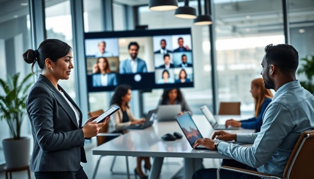 A modern office environment illustrating collaboration management, with a diverse group of three professionals engaged in a video call on a large screen. In the foreground, a woman of Asian descent wearing smart business attire is taking notes on a digital tablet, while a man of African descent in business casual clothing is sharing ideas with colleagues on the screen. In the middle, a diverse team of four individuals, representing different ethnicities, is seated around a sleek conference table, using laptops and discussing strategy. The background features large windows with natural light pouring in, creating a bright and open atmosphere. The mood is focused yet collaborative, highlighting teamwork and communication. Shot from a wide angle to capture the entire scene, with soft focus on the background elements to emphasize the team in action.
