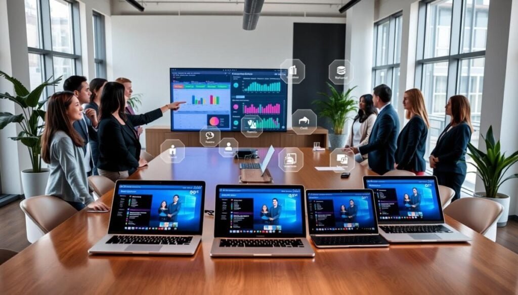 A modern office environment showcases a diverse team of professionals dressed in business casual attire, gathered around a large conference table. In the foreground, a woman points at a large digital screen displaying colorful data visualizations, such as charts and graphs, symbolizing employee schedules and reporting metrics. The middle of the scene features laptops and tablets showcasing Microsoft Teams Shifts interface, with holographic icons representing integration features floating above the table. In the background, large windows let in natural light, creating a bright and welcoming atmosphere. A sleek, contemporary design with plants and stylish furnishings adds to the professional ambiance, emphasizing teamwork and technological integration. The mood is focused and collaborative, highlighting the efficiency of data integration in modern scheduling. A modern office environment showcases a diverse team of professionals dressed in business casual attire, gathered around a large conference table. In the foreground, a woman points at a large digital screen displaying colorful data visualizations, such as charts and graphs, symbolizing employee schedules and reporting metrics. The middle of the scene features laptops and tablets showcasing Microsoft Teams Shifts interface, with holographic icons representing integration features floating above the table. In the background, large windows let in natural light, creating a bright and welcoming atmosphere. A sleek, contemporary design with plants and stylish furnishings adds to the professional ambiance, emphasizing teamwork and technological integration. The mood is focused and collaborative, highlighting the efficiency of data integration in modern scheduling.