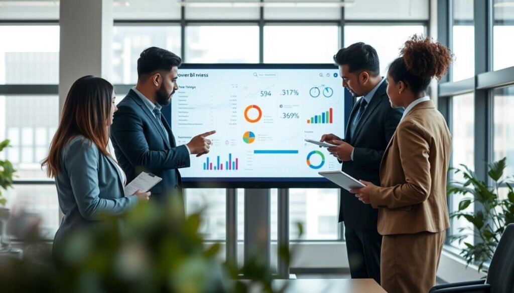 A modern office environment showcasing a collaborative workspace. In the foreground, a diverse group of three professionals, dressed in business attire, gather around a large touchscreen monitor displaying an interactive Power BI report. One person points at the screen, while another takes notes on a tablet. In the middle, there are various office elements like color-coded charts and graphs projected around them, symbolizing data analysis. In the background, large windows let in natural light, creating a bright and inviting atmosphere. The lighting is soft yet focused on the monitor, emphasizing teamwork and engagement. The overall mood is productive and collaborative, reflecting a professional setting where data is shared and discussed. A modern office environment showcasing a collaborative workspace. In the foreground, a diverse group of three professionals, dressed in business attire, gather around a large touchscreen monitor displaying an interactive Power BI report. One person points at the screen, while another takes notes on a tablet. In the middle, there are various office elements like color-coded charts and graphs projected around them, symbolizing data analysis. In the background, large windows let in natural light, creating a bright and inviting atmosphere. The lighting is soft yet focused on the monitor, emphasizing teamwork and engagement. The overall mood is productive and collaborative, reflecting a professional setting where data is shared and discussed.