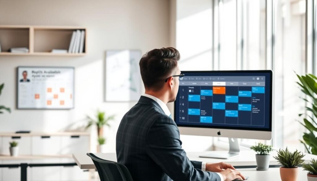 A modern office environment showcasing a digital scheduling interface on a sleek computer screen. In the foreground, a professional individual dressed in smart business attire reviews service availability options while sitting at a minimalist desk with office plants. The middle ground features a wall-mounted display showing a calendar filled with booked appointments, emphasizing team availability. The background contains soft-focus elements like shelves with books and subtle lighting that creates a conducive working atmosphere. Natural light floods the room from large windows, casting soft shadows and enhancing the feeling of productivity and organization. The mood is calm, focused, and efficient, conveying the importance of managing service availability effectively.