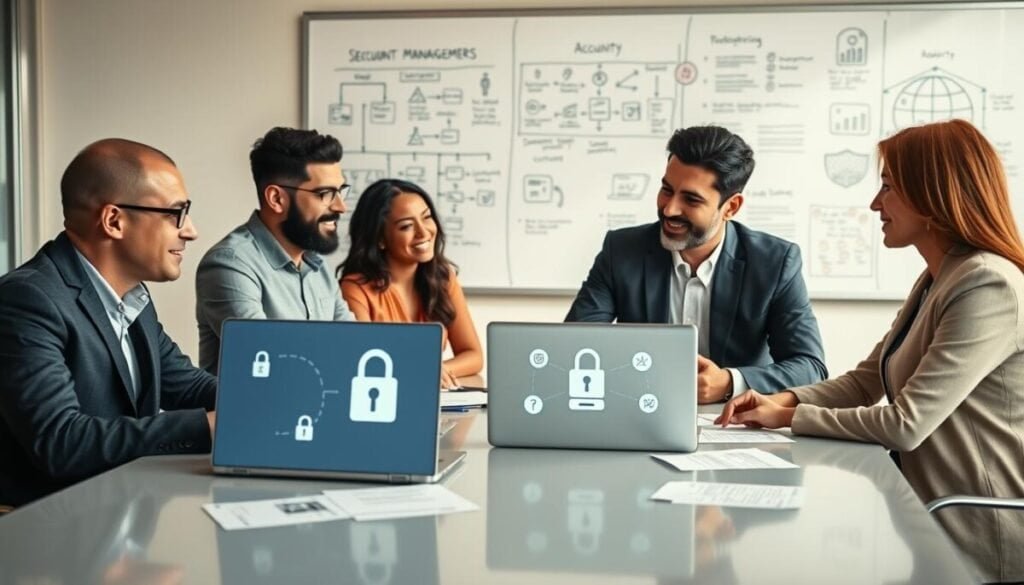 A modern office environment showcasing a diverse group of three professionals—two men and one woman—sitting at a sleek conference table, collaboratively discussing account security appeals in social media. In the foreground, a laptop displays a secure login interface, surrounded by paperwork and security icons like locks and shields. In the middle ground, a large window allows natural light to illuminate the scene, highlighting the seriousness of their discussion. The background features a whiteboard filled with brainstorming notes and diagrams related to account management strategies. The atmosphere is focused and professional, with a sense of urgency as they work together to resolve security issues. Warm tones create a positive yet serious mood, emphasizing teamwork and dedication. A modern office environment showcasing a diverse group of three professionals—two men and one woman—sitting at a sleek conference table, collaboratively discussing account security appeals in social media. In the foreground, a laptop displays a secure login interface, surrounded by paperwork and security icons like locks and shields. In the middle ground, a large window allows natural light to illuminate the scene, highlighting the seriousness of their discussion. The background features a whiteboard filled with brainstorming notes and diagrams related to account management strategies. The atmosphere is focused and professional, with a sense of urgency as they work together to resolve security issues. Warm tones create a positive yet serious mood, emphasizing teamwork and dedication.