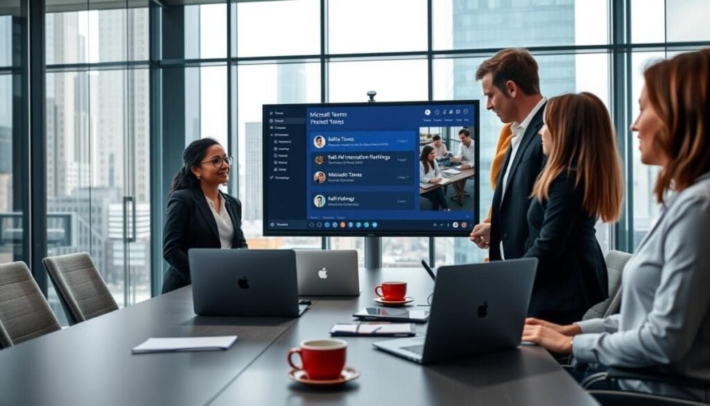 A modern office environment showcasing a diverse team of professionals in business attire engaged in a collaborative brainstorming session. In the foreground, a group of three individuals, one Black woman, one Asian man, and one Caucasian woman, are studying a large digital display screen showing Microsoft Teams interface with presence settings highlighted. In the middle ground, a sleek conference table with laptops, notebooks, and coffee cups emphasizes the working atmosphere. The background features glass walls with a cityscape view, allowing natural light to illuminate the room, creating a vibrant and focused ambiance. The angle captures both the interaction among team members and the technology they are utilizing, illustrating a sense of teamwork and productivity within a corporate setting. The mood is professional yet creative.