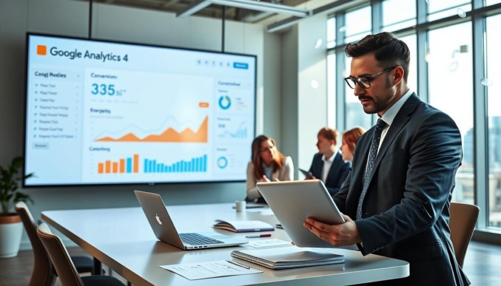A modern office environment showcasing a large digital screen displaying an interactive Google Analytics 4 dashboard, prominently featuring conversion tracking metrics. In the foreground, a professional individual dressed in business attire is engaged with a laptop, analyzing the data with a focused expression. The middle ground showcases a group of diverse business professionals collaborating around a conference table, discussing conversion strategies, with notebooks and charts spread out. In the background, large windows allow natural light to pour in, creating a bright and optimistic atmosphere, while subtle abstract elements reflecting data trends and analytics float in the air. The scene is vibrant yet professional, emphasizing innovation in digital marketing and analytic tools. A modern office environment showcasing a large digital screen displaying an interactive Google Analytics 4 dashboard, prominently featuring conversion tracking metrics. In the foreground, a professional individual dressed in business attire is engaged with a laptop, analyzing the data with a focused expression. The middle ground showcases a group of diverse business professionals collaborating around a conference table, discussing conversion strategies, with notebooks and charts spread out. In the background, large windows allow natural light to pour in, creating a bright and optimistic atmosphere, while subtle abstract elements reflecting data trends and analytics float in the air. The scene is vibrant yet professional, emphasizing innovation in digital marketing and analytic tools.