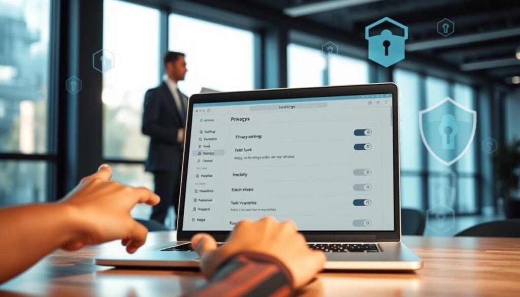 A modern office environment showcasing a sleek laptop open to a privacy settings menu, illuminated by soft natural light coming through a large window. In the foreground, a hand reaches towards the screen, poised to adjust settings, while a blurred silhouette of a person in professional business attire is seen in the background, engaged in a video call. The middle ground features abstract elements representing online security, like digital locks and shields, subtly integrated into the background to symbolize privacy. The overall atmosphere is one of focus and security, with a color palette of calm blues and greys. Emphasize clarity and professionalism, avoiding any clutter or distractions. A modern office environment showcasing a sleek laptop open to a privacy settings menu, illuminated by soft natural light coming through a large window. In the foreground, a hand reaches towards the screen, poised to adjust settings, while a blurred silhouette of a person in professional business attire is seen in the background, engaged in a video call. The middle ground features abstract elements representing online security, like digital locks and shields, subtly integrated into the background to symbolize privacy. The overall atmosphere is one of focus and security, with a color palette of calm blues and greys. Emphasize clarity and professionalism, avoiding any clutter or distractions.