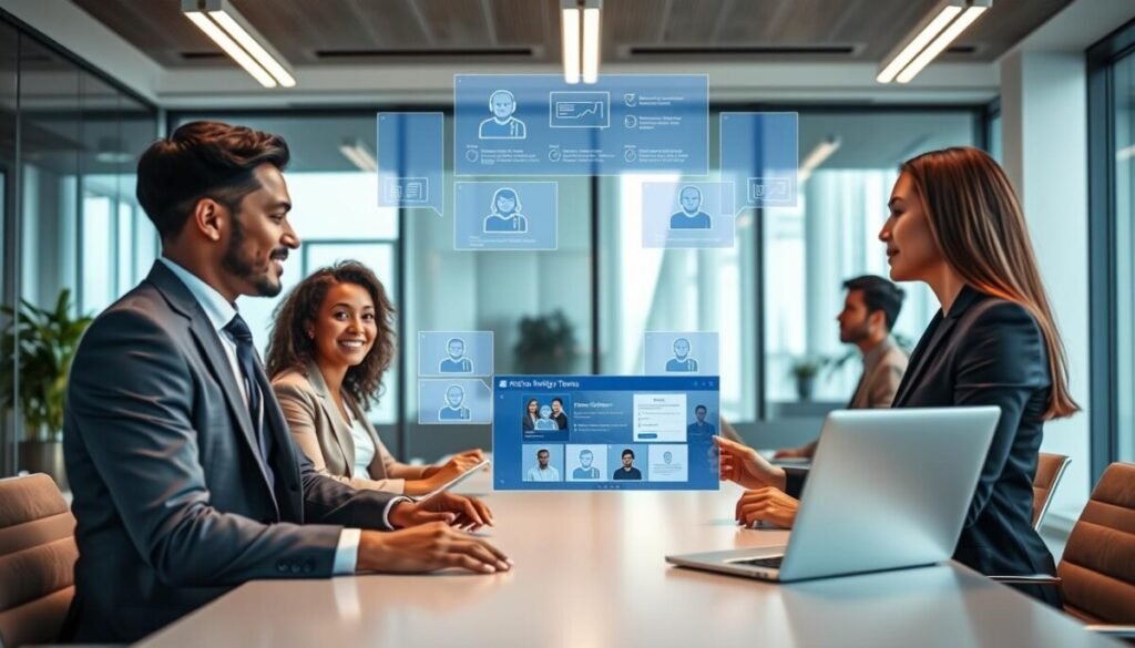 A modern office environment showcasing a virtual meeting in Microsoft Teams, featuring AI-powered meeting assistants visually represented as friendly digital avatars or holograms. In the foreground, two diverse professionals in professional business attire, one male and one female, engaged in a discussion with a laptop open, displaying the Microsoft Teams interface. The middle ground features the digital avatars assisting with agendas and notes in a semi-transparent display above their heads. The background includes a sleek conference room with large windows, allowing soft natural light to illuminate the scene. Use a wide-angle lens effect to capture the vibrant atmosphere of collaboration and innovation, ensuring the mood is focused, productive, and engaging.