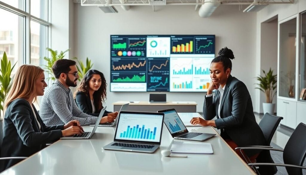 A modern office environment showcasing social media management, focusing on competitive benchmarking. In the foreground, a diverse group of three professionals, in smart casual attire, collaborate around a sleek table with laptops and tablets displaying analytics dashboards. The middle ground features a large wall screen filled with colorful graphs and social media metrics, symbolizing data analysis. The background shows a bright, open space with minimalist decor, plants, and light streaming through large windows, creating a vibrant and productive atmosphere. Soft, diffused lighting enhances the professionalism of the scene, captured from a slightly elevated angle to highlight the teamwork and the dynamic nature of digital marketing. The overall mood is innovative and focused.