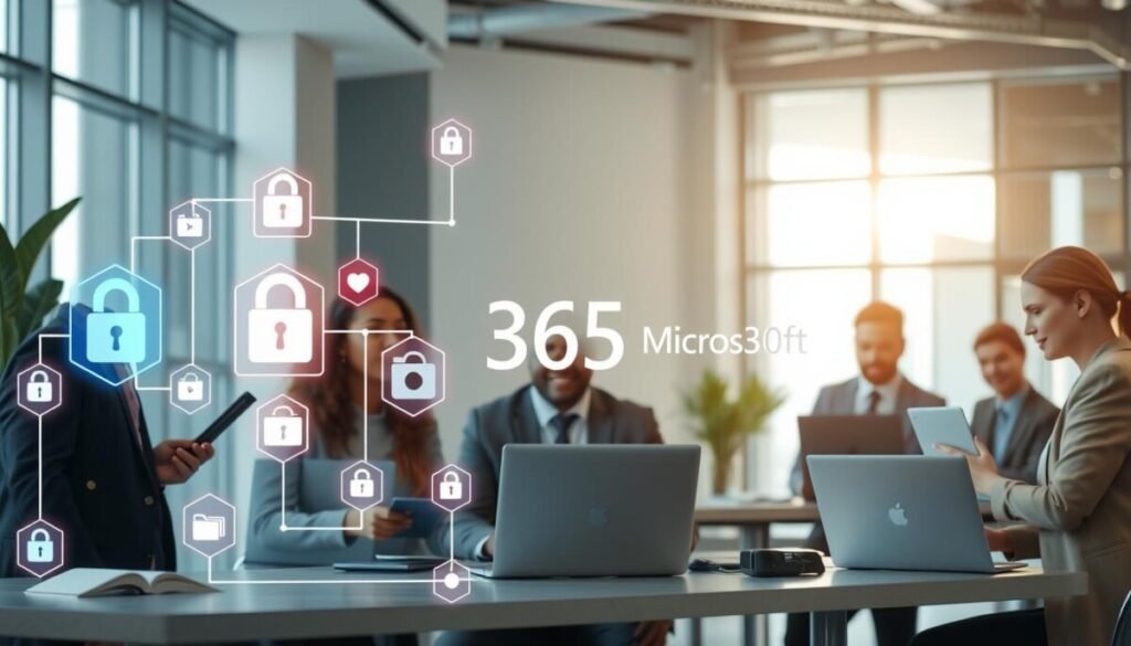 A modern office environment that highlights "Security and Compliance" within a Microsoft 365 ecosystem for remote teams. In the foreground, a diverse group of professionals in business attire confidently discuss on laptops, showcasing security features on their screens. In the middle ground, an abstract representation of a secure digital infrastructure with glowing locks, shields, and compliance checkmarks integrated with the Microsoft 365 logo. The background features a sleek office space with large windows allowing natural light to pour in, casting soft shadows and enhancing the contemporary feel. The overall mood is collaborative and innovative, emphasizing trust and safety in remote work through balanced lighting and a clean, organized layout, shot from a slight upward angle to give a sense of aspiration and professionalism.