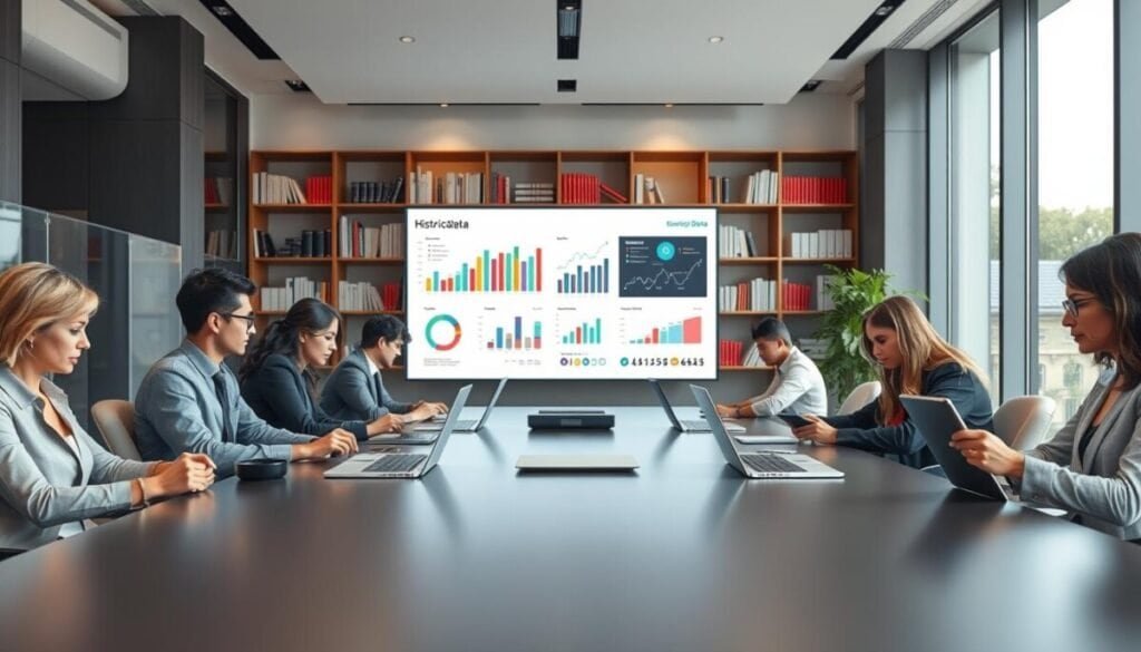A modern office environment with a large, sleek conference table at the foreground, where a diverse group of professionals in business attire are deeply engaged in analyzing historical data on laptops and tablets. In the middle, a large digital screen displays colorful data charts and graphs showcasing trends and insights, illuminated by soft overhead lighting to create a focus on the screen. In the background, shelves filled with books on strategy and analytics, and large windows allow natural light to filter in, enhancing the atmosphere of productivity and collaboration. The setting conveys a mood of seriousness and purpose, underscoring the importance of data analysis for future planning.