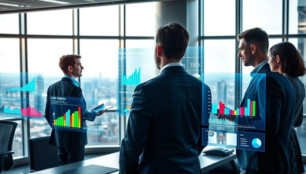 A modern office environment with a sleek, futuristic feel. In the foreground, a diverse group of professionals in smart business attire, deeply engaged in analyzing colorful, dynamic graphs and charts on multiple holographic screens. The middle ground features a large digital dashboard displaying advanced analytics metrics like engagement rates, social media reach, and user demographics, illuminated with vibrant colors. The background reveals a panoramic city view through large windows, hinting at a bustling urban setting. Soft, natural lighting filters through the space, creating a focused and productive atmosphere. The composition conveys a sense of innovation and sophistication, ideal for illustrating advanced analytics in a digital context.