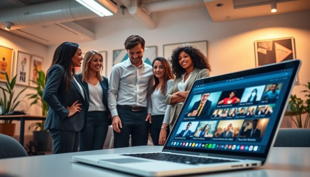 A modern office environment with warm, soft lighting. In the foreground, a laptop screen displays vibrant video content alerts appearing dynamically, represented by glowing icons and notifications, showcasing various video thumbnails that signify engagement. The middle ground features a professional, diverse group of colleagues, dressed in smart casual attire, collaborating enthusiastically while looking at the screen. In the background, a sleek workspace with plants and motivational posters sets a creative mood. Use a slight tilt-angle from above to create depth, and ensure the atmosphere conveys excitement and innovation in digital communication. A modern office environment with warm, soft lighting. In the foreground, a laptop screen displays vibrant video content alerts appearing dynamically, represented by glowing icons and notifications, showcasing various video thumbnails that signify engagement. The middle ground features a professional, diverse group of colleagues, dressed in smart casual attire, collaborating enthusiastically while looking at the screen. In the background, a sleek workspace with plants and motivational posters sets a creative mood. Use a slight tilt-angle from above to create depth, and ensure the atmosphere conveys excitement and innovation in digital communication.