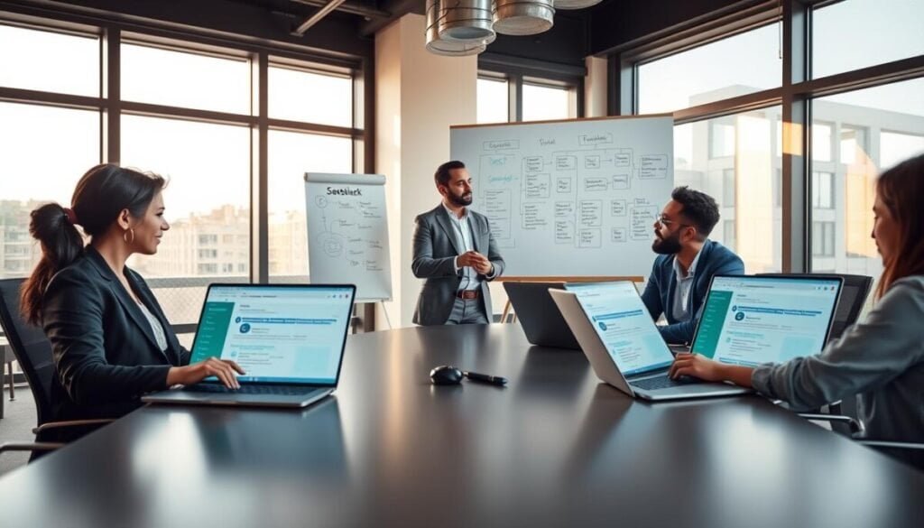 A modern office interior showcasing a diverse group of three professionals discussing the management of permissions for external partners in a Slack Connect channel. In the foreground, two individuals, a man and a woman, are seated at a sleek conference table, each with laptops open, displaying Slack's interface on the screens. The woman, in a smart blazer, points thoughtfully at a chart, while the man, dressed in a crisp shirt, takes notes. A third person, a man in business casual attire, is standing in the middle, gesturing to a whiteboard filled with flowcharts and lists of permissions. The background features large windows with soft natural lighting streaming in, casting a warm glow on the scene, creating a collaborative and focused atmosphere. A modern office interior showcasing a diverse group of three professionals discussing the management of permissions for external partners in a Slack Connect channel. In the foreground, two individuals, a man and a woman, are seated at a sleek conference table, each with laptops open, displaying Slack's interface on the screens. The woman, in a smart blazer, points thoughtfully at a chart, while the man, dressed in a crisp shirt, takes notes. A third person, a man in business casual attire, is standing in the middle, gesturing to a whiteboard filled with flowcharts and lists of permissions. The background features large windows with soft natural lighting streaming in, casting a warm glow on the scene, creating a collaborative and focused atmosphere.